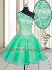 Attractive Turquoise One Shoulder Neckline Beading Prom Party Dress Sleeveless Lace Up