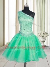 Attractive Turquoise One Shoulder Neckline Beading Prom Party Dress Sleeveless Lace Up