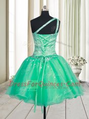 Attractive Turquoise One Shoulder Neckline Beading Prom Party Dress Sleeveless Lace Up