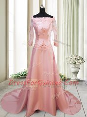New Arrival With Train Peach Dress for Prom Square Long Sleeves Brush Train Zipper