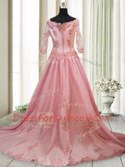 New Arrival With Train Peach Dress for Prom Square Long Sleeves Brush Train Zipper