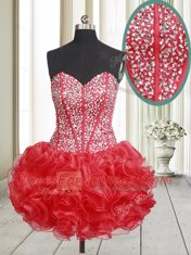 Red Lace Up Sweetheart Beading and Ruffles Prom Party Dress Organza Sleeveless