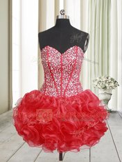 Red Lace Up Sweetheart Beading and Ruffles Prom Party Dress Organza Sleeveless