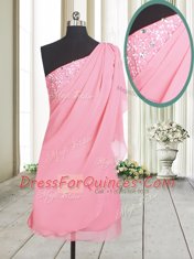 A-line Prom Gown Rose Pink One Shoulder Chiffon Sleeveless Side Zipper