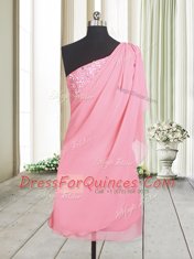 A-line Prom Gown Rose Pink One Shoulder Chiffon Sleeveless Side Zipper