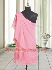 A-line Prom Gown Rose Pink One Shoulder Chiffon Sleeveless Side Zipper