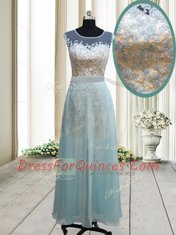 Scoop Lace Prom Dresses Light Blue Backless Cap Sleeves Ankle Length