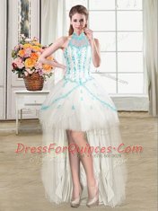 See Through White Ball Gowns Tulle Halter Top Sleeveless Beading and Ruffles High Low Lace Up Prom Dresses