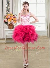 Organza Straps Sleeveless Lace Up Beading and Lace and Ruffles Dress for Prom in Hot Pink