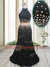 Halter Top Sleeveless Backless Floor Length Beading Evening Dress
