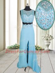 Chiffon Scoop Sleeveless Zipper Beading Prom Party Dress in Aqua Blue