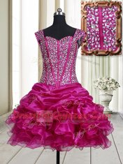 Fuchsia A-line Straps Sleeveless Organza Mini Length Lace Up Beading and Ruffles