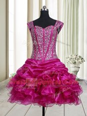 Fuchsia A-line Straps Sleeveless Organza Mini Length Lace Up Beading and Ruffles