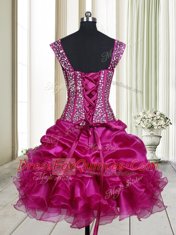 Fuchsia A-line Straps Sleeveless Organza Mini Length Lace Up Beading and Ruffles