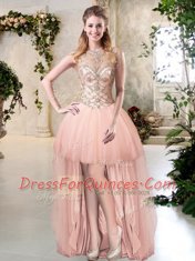 Shining Tulle Scoop Sleeveless Zipper Beading Evening Dress in Peach
