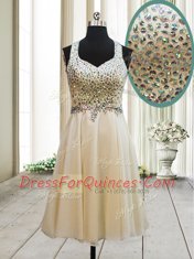 Affordable Column/Sheath Dress for Prom Champagne Straps Chiffon Sleeveless Knee Length Side Zipper