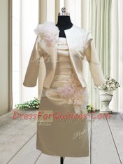Champagne Column/Sheath Strapless Sleeveless Satin Mini Length Zipper Ruching and Hand Made Flower Prom Dress