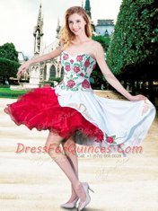 Fine White And Red Organza and Taffeta Zipper Prom Evening Gown Sleeveless Mini Length Embroidery and Ruffles