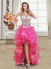 Flare Hot Pink Sweetheart Lace Up Beading and Ruffles Evening Dress Sleeveless