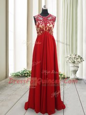 Backless Scoop Sleeveless Prom Evening Gown Brush Train Appliques Red Chiffon