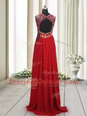 Backless Scoop Sleeveless Prom Evening Gown Brush Train Appliques Red Chiffon