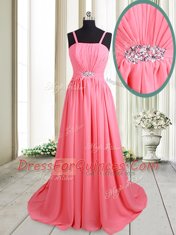 Gorgeous Straps Beading Evening Dress Pink Lace Up Sleeveless Brush Train