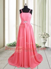 Gorgeous Straps Beading Evening Dress Pink Lace Up Sleeveless Brush Train