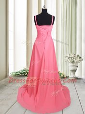 Gorgeous Straps Beading Evening Dress Pink Lace Up Sleeveless Brush Train