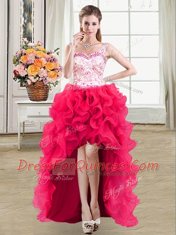 Gorgeous Straps High Low Ball Gowns Sleeveless Hot Pink Prom Party Dress Lace Up