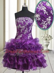 Mini Length Purple Prom Dress Organza Sleeveless Beading and Ruffled Layers