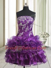 Mini Length Purple Prom Dress Organza Sleeveless Beading and Ruffled Layers