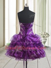 Mini Length Purple Prom Dress Organza Sleeveless Beading and Ruffled Layers
