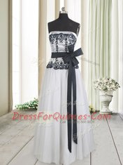 Exceptional White And Black Zipper Prom Party Dress Lace and Bowknot Sleeveless Floor Length
