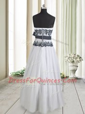 Exceptional White And Black Zipper Prom Party Dress Lace and Bowknot Sleeveless Floor Length