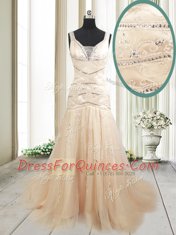 Fantastic Mermaid Straps Ruching Prom Evening Gown Champagne Lace Up Sleeveless With Train Sweep Train