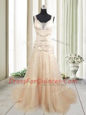 Fantastic Mermaid Straps Ruching Prom Evening Gown Champagne Lace Up Sleeveless With Train Sweep Train