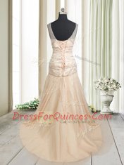 Fantastic Mermaid Straps Ruching Prom Evening Gown Champagne Lace Up Sleeveless With Train Sweep Train