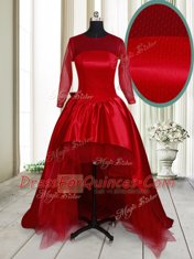 Customized Wine Red Scoop Neckline Bowknot Prom Gown Long Sleeves Clasp Handle