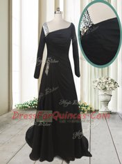 Modest Asymmetric Long Sleeves Chiffon Beading Sweep Train Side Zipper
