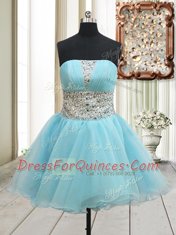 Strapless Sleeveless Zipper Dress for Prom Aqua Blue Organza