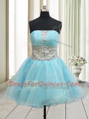 Strapless Sleeveless Zipper Dress for Prom Aqua Blue Organza