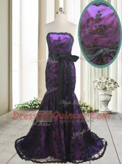 Chic Mermaid Lace Purple Sleeveless Sweep Train Bowknot and Belt With Train Prom Party Dress