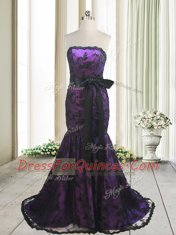 Chic Mermaid Lace Purple Sleeveless Sweep Train Bowknot and Belt With Train Prom Party Dress