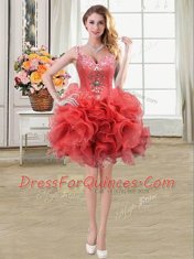 Gorgeous Coral Red Ball Gowns Straps Sleeveless Organza Mini Length Lace Up Beading and Ruffles