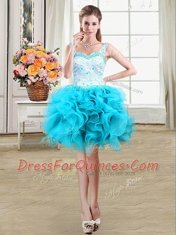 Straps Mini Length Lace Up Baby Blue for Prom and Party with Beading and Lace and Ruffles