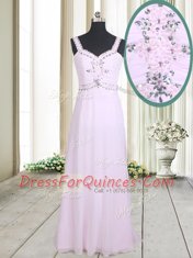 Fashionable Pink Empire Straps Sleeveless Chiffon Floor Length Zipper Beading Prom Dresses