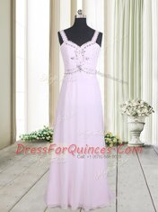 Fashionable Pink Empire Straps Sleeveless Chiffon Floor Length Zipper Beading Prom Dresses