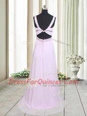 Fashionable Pink Empire Straps Sleeveless Chiffon Floor Length Zipper Beading Prom Dresses