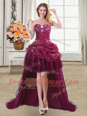Burgundy Ball Gowns Sweetheart Sleeveless Organza High Low Lace Up Beading and Appliques and Pick Ups Prom Gown
