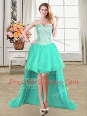 Sleeveless Organza High Low Lace Up Evening Dress in Turquoise with Beading and Ruffles and Pick Ups